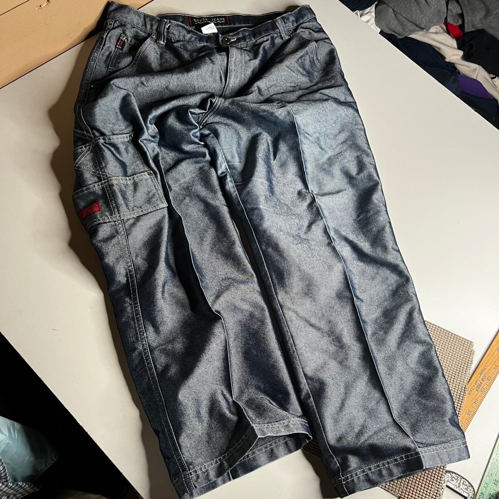 Vintage Guess Jeans USA Carpenter Pants Metallic Blue Coated Denim‎ 38x30